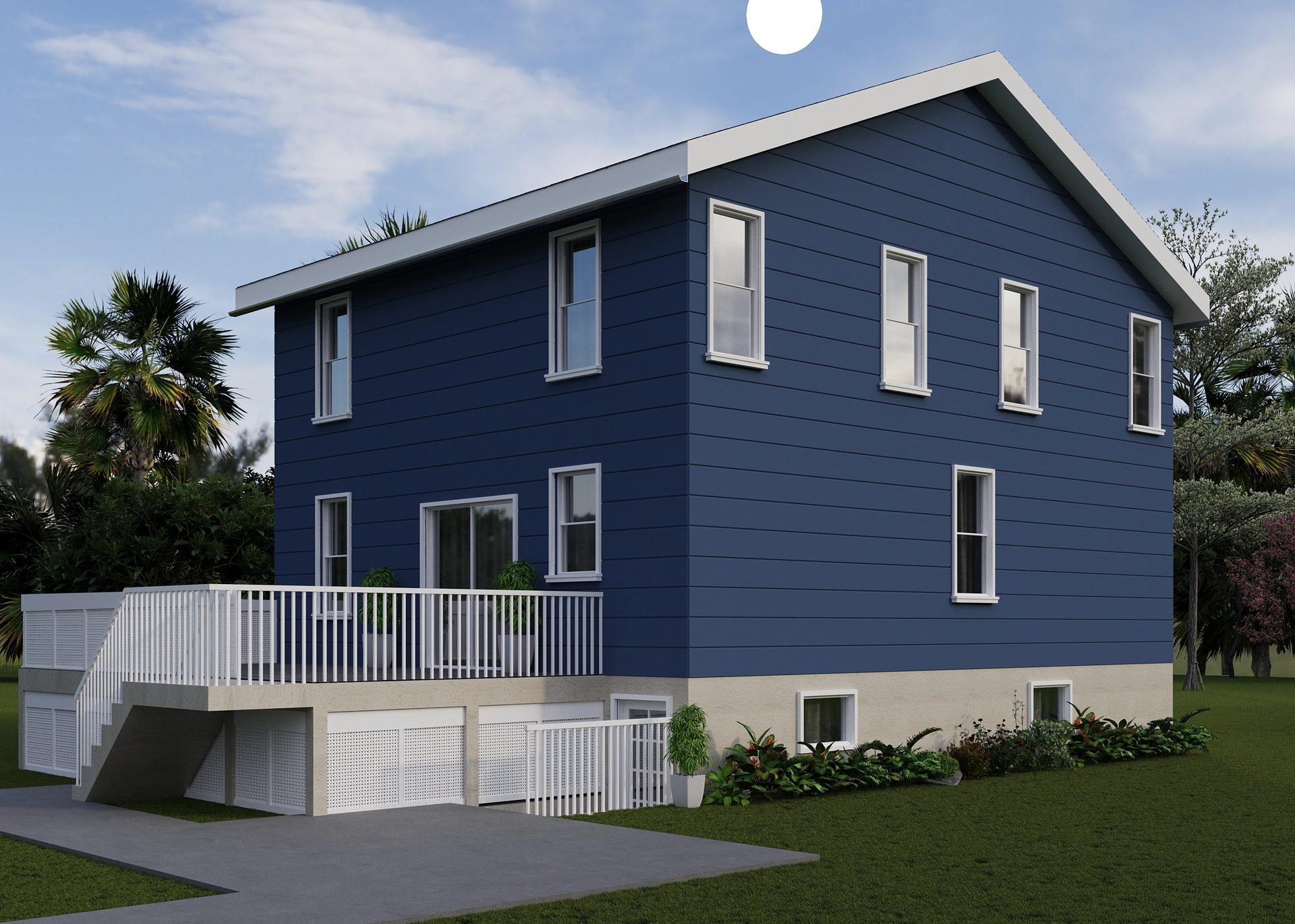 Photorealistic dusk exterior render of a modern two story home